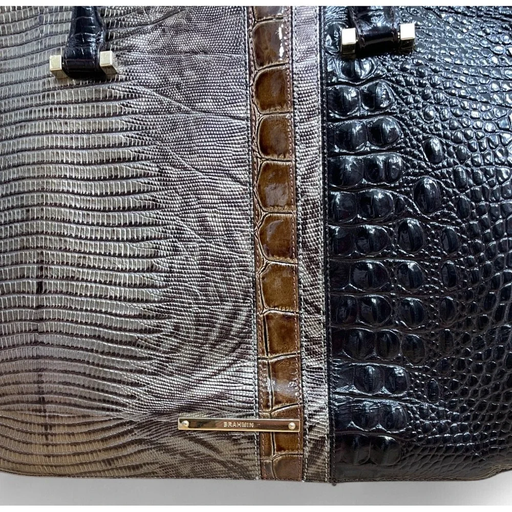 Brahmin Croc Embossed Tote Bag Brown Burgundy Tri Color